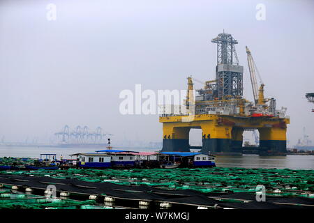 The ultra-deep-water semi-submersible drilling rig 'Blue Whale II', which can mine both combustible ice and oil, is pictured at a harbour in Yantai ci Stock Photo