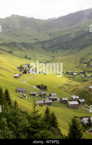 The town of Malbun, Liechtenstein, and the surrounding valley in the Alps near the Austrian border, viewed from the Sareis gondola. Stock Photo