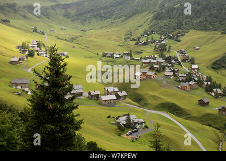 The town of Malbun, Liechtenstein, and the surrounding valley in the Alps near the Austrian border, viewed from the Sareis gondola. Stock Photo