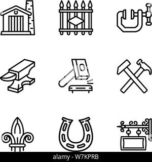 Blacksmith equipment icon set. Outline set of 9 blacksmith equipment vector icons for web design isolated on white background Stock Vector