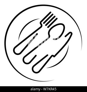 Abstract logo of a cafe or restaurant. A spoon, knife and fork on a plate. A simple outline. Stock Vector