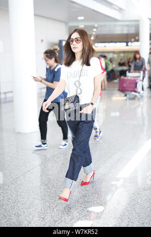 Ella Chen Chia-Hwa of Taiwanese girls group S.H.E is pictured at the Shanghai Hongqiao International Airport in Shanghai, China, 23 August 2017. Stock Photo