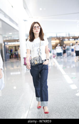 Ella Chen Chia-Hwa of Taiwanese girls group S.H.E is pictured at the Shanghai Hongqiao International Airport in Shanghai, China, 23 August 2017. Stock Photo