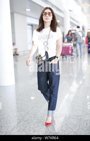 Ella Chen Chia-Hwa of Taiwanese girls group S.H.E is pictured at the Shanghai Hongqiao International Airport in Shanghai, China, 23 August 2017. Stock Photo