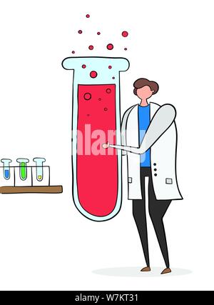 Scientist holding big test tube and doing experiment. Black outlines and colored. Stock Vector