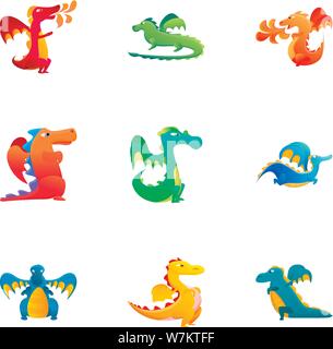 Reptile dragons icon set. Cartoon set of 9 reptile dragons vector icons for web design isolated on white background Stock Vector