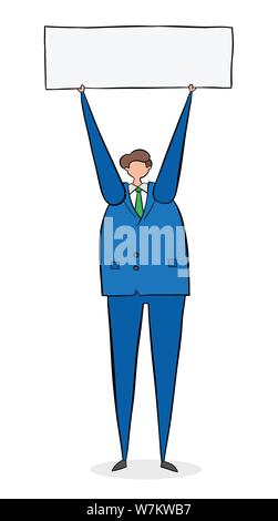 Businessman standing and holding up blank banner. Black outlines and colored. Stock Vector