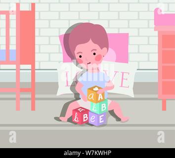 little baby boy playing with alphabet blocks Stock Vector