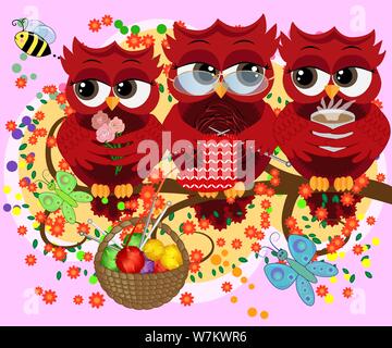 A family of colorful, bright, lovely cartoon owls on the branches of flowering trees. Moms, dads, children. Card Stock Vector