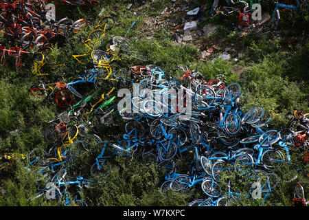 Abandoned bicycles of Mobike (orange), ofo (yellow), Xiaoming Danche, or Xiaoming Bike (blue), and other Chinese bike-sharing services are piled up at Stock Photo