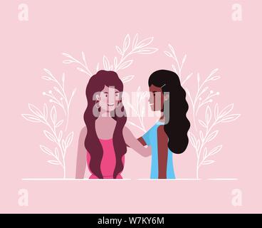 young and beautiful interracial girls couple characters Stock Vector