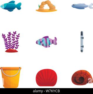 Aquarium icon set. Cartoon set of 9 aquarium vector icons for web design isolated on white background Stock Vector
