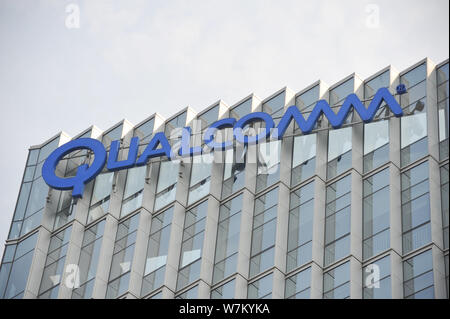 --FILE--View of a logo of Qualcomm at an Innovation Center of Qualcomm Wireless Communication Technologies (China) Limited in Shenzhen city, south Chi Stock Photo