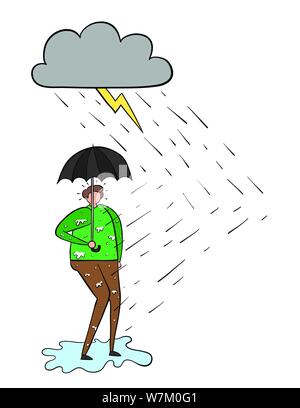 It's raining and the man gets wet even though he opens an umbrella. Black outlines and colored. Stock Vector
