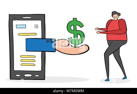 Making money on smartphone and internet. Black outlines and colored. Stock Vector