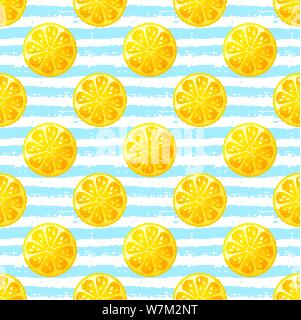 Seamless pattern with lemon slices. Striped vector background with citrus fruit. Stock Vector
