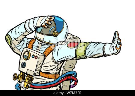 Astronaut in a spacesuit. Gesture of denial, shame, no. Pop art retro vector Illustrator vintage kitsch drawing Stock Vector