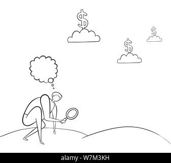 Man has a magnifying glass in hand and is looking for money on the floor. But all the money's on the clouds. Black outlines and white. Stock Vector