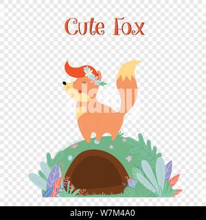 Cute fox in flower wreath stand on foxy burrow Stock Vector