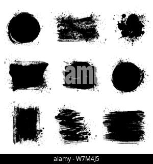 Paint brush stains, ink strokes and blots of different shapes for frame, banner, text box or clipping mask. Vector grunge textures on white background Stock Vector
