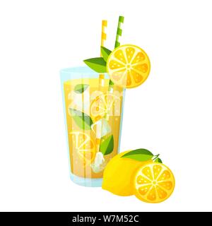 Lemonade glass and lemon. Vector illustration isolated on white background. Summer fruit drink with ice. Stock Vector