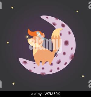 Cute fox in flower wreath stand on moon night sky Stock Vector