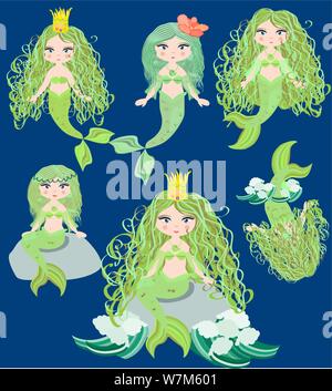 Vector Illustration Of A Mermaid With Long Hair Sitting At The