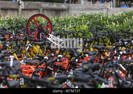 Abandoned bicycles of Mobike (orange), ofo (yellow), Xiaoming Danche, or Xiaoming Bike (blue), and other Chinese bike-sharing services are piled up at Stock Photo