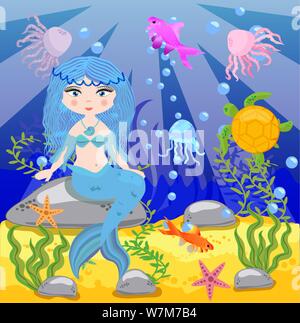 background with an underwater world in a children's style. A mermaid is sitting on a rock. Wooden chest with gold on the bottom of the sea. Seabed in Stock Vector