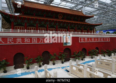 An artwork featuring the shape of Tian'anmen Rostrum made of crops is on display for the upcoming 16th China Changchun International Agricultural and Stock Photo