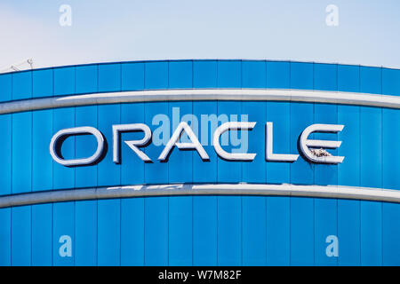 August 1, 2019 Redwood City / CA / USA -  Oracle logo at their HQ in Silicon Valley; Oracle Corporation is a multinational computer technology company
