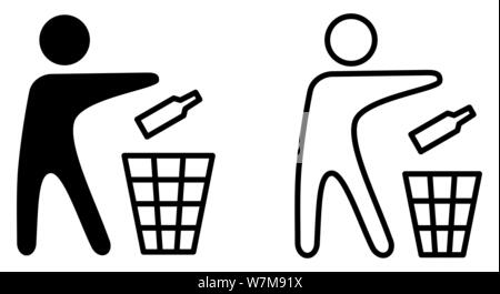 Keep tidy icon, man throwing bottle in recycle bin sign. Stock Vector