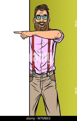 hipster man. Point to copy space poster. Pop art retro vector Illustrator vintage kitsch drawing Stock Vector