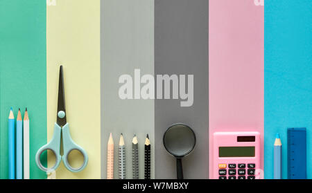 Back to school, concept flat lay background in pastel colors. Stationary items on paper background, banner composition, panoramic image with text spac Stock Photo