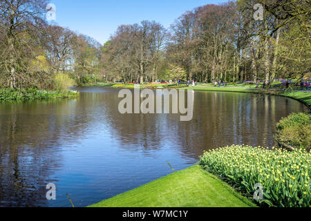 Artificial pond in a city park on a spring sunny day. Stock Photo