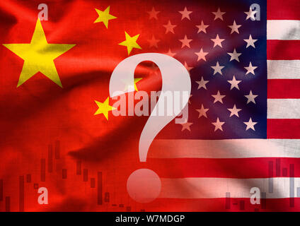 Trade War between China and America conceptual image with a question mark overlaid over the two national flags and a business chart Stock Photo