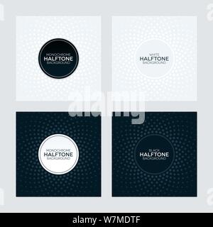 Black and white backgrounds with halftone textures and round labels. Monochrome abstract background set. Stock Vector