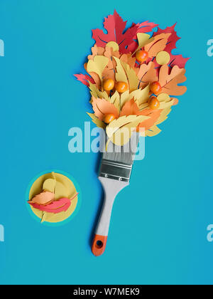 Top view on flat lay with brush loaded with paint made from paper Autumn leaves. Concept home renovation background in blue, yellow, orange and red co Stock Photo