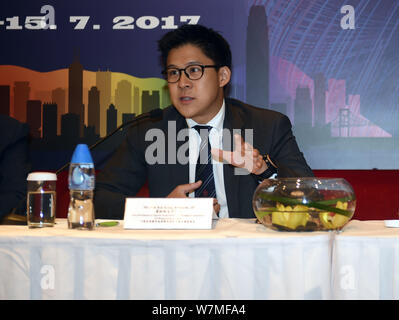 Kenneth Fok Kai-kong, eldest son of Hong Kong tycoon Timothy Fok Tsun-Ting, attends a press conference for the 43rd Kong Kong International Open Tenpi Stock Photo