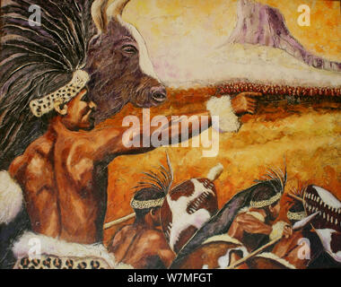 Painting depicting Zulu warriors in battle at Shakaland Zulu Cultural Village, Eshowe, Kwazulu Natal, South Africa Stock Photo