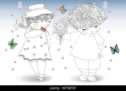 Coloring for adults and children. The boy gives the girl a bouquet of flowers Stock Vector