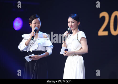 Chinese actress Zhou Xun, right, attends the '2017 ONE NIGHT' charity concert in Beijing, China, 16 July 2017. Stock Photo