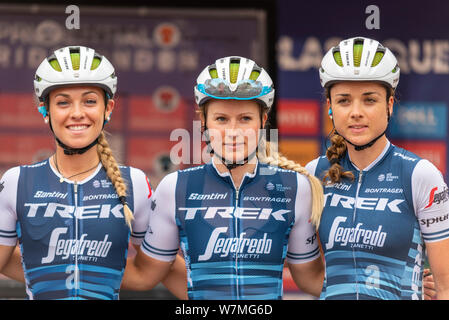 Letizia Paternoster, Lotta Lepisto and Audrey Cordon of Trek Segafredo before racing in the Prudential RideLondon Classique cycle race Female cyclists Stock Photo