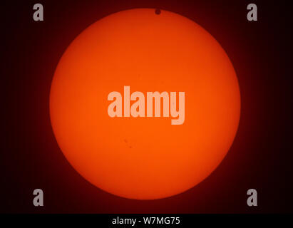 The transit of Venus across the face of the sun, with visible sunspots, as seen from Aurora, Colorado, USA, 16.24 local time, 5 June 2012. Stock Photo