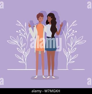 young interracial girls couple characters Stock Vector