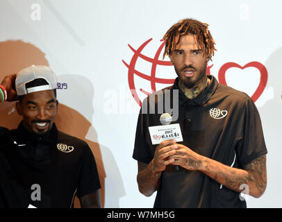 American basketball players J.R.Smith, left, and Willie Cauley-Stein of NBA attend a press conference for 2017 Yao Foundation Charity Game in Hong Kon Stock Photo