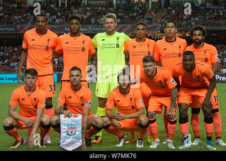 Players of the starting line-up of Liverpool F.C. pose before competing against Crystal Palace F.C. before the semifinal match during the 2017 Premier Stock Photo