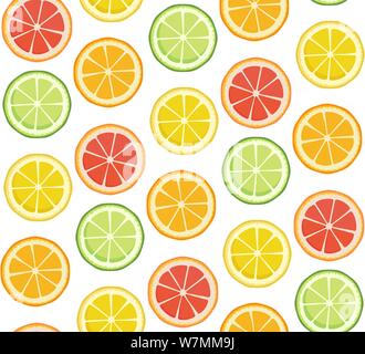 Positive bright summer fruit background in green yellow red orange colors. Vector seamless pattern. Endless texture with lime lemon orange grapefruit Stock Vector