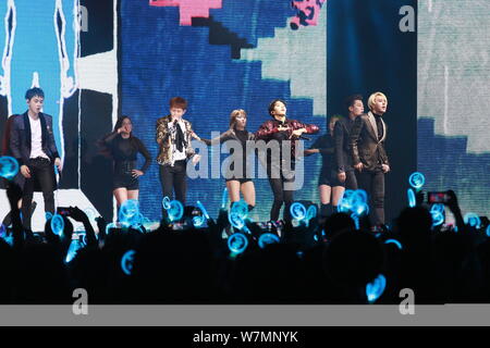 Members of South Korean boy band Highlight, formerly known as Beast, perform during a concert in Hong Kong, China, 29 July 2017. Stock Photo