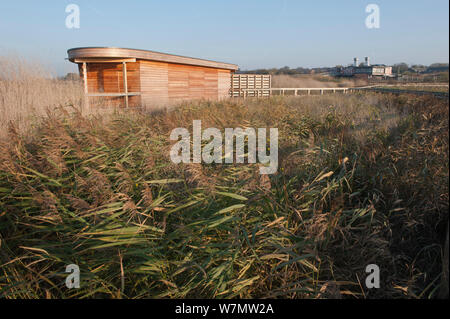 Bird hide at Rainham Marshes RSPB reserve, Essex, England, UK, November. Stock Photo